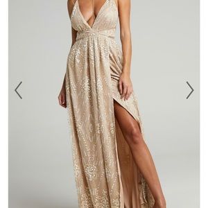 Plunge cross back maxi dress in gold